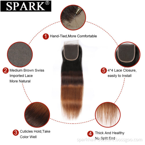 SPARK 1B/4/30 Ombre Brazilian Hair Straight Bundles with Closure Black to Dark Brown Silky Straight Virgin Human Hair